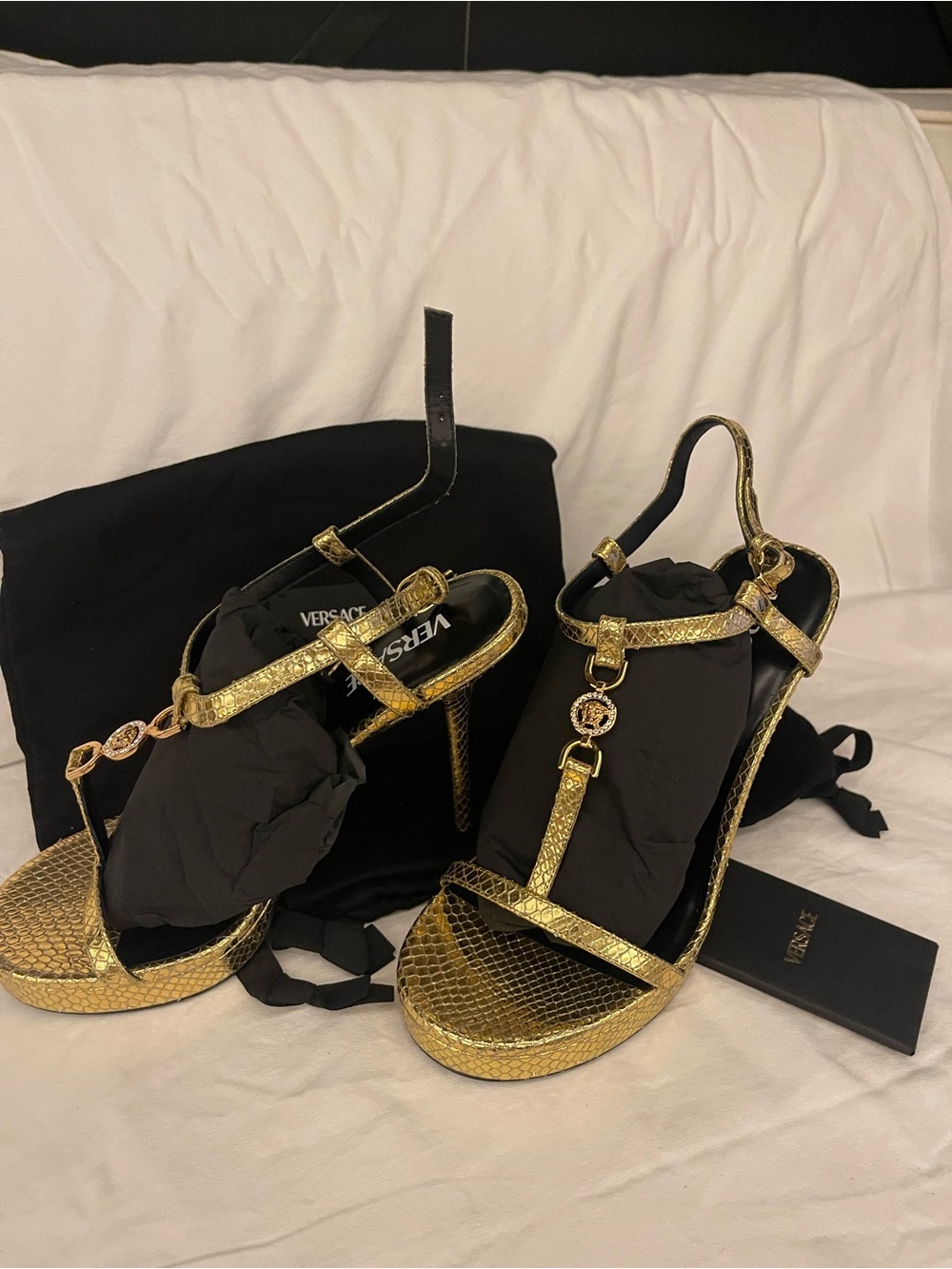 Versace Metallic Gold Snake-Embossed T-Strap Sandals - Picture 2 of 8